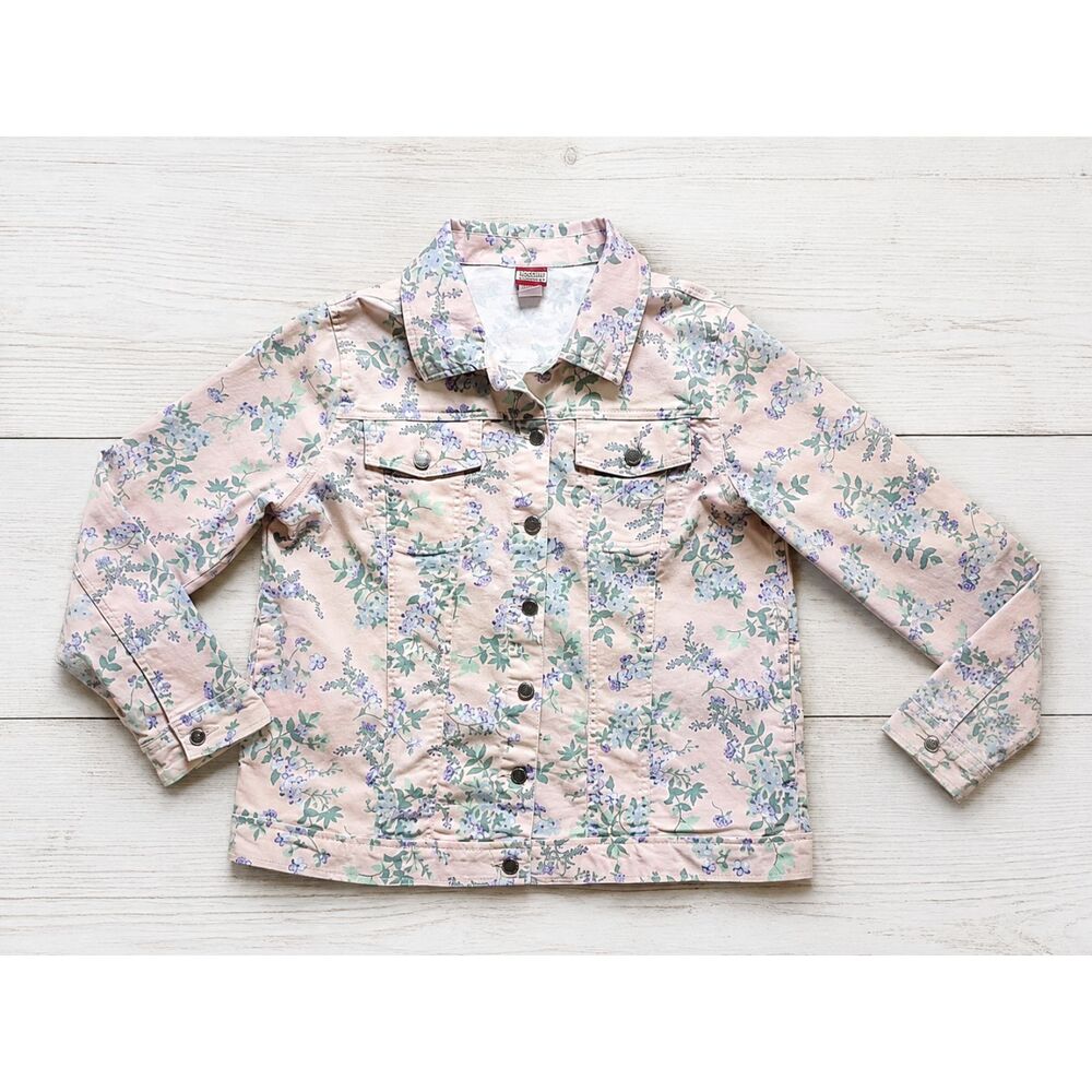 Tudor Court Women's Floral Denim Jacket Pink Lavender Button Front Size Large